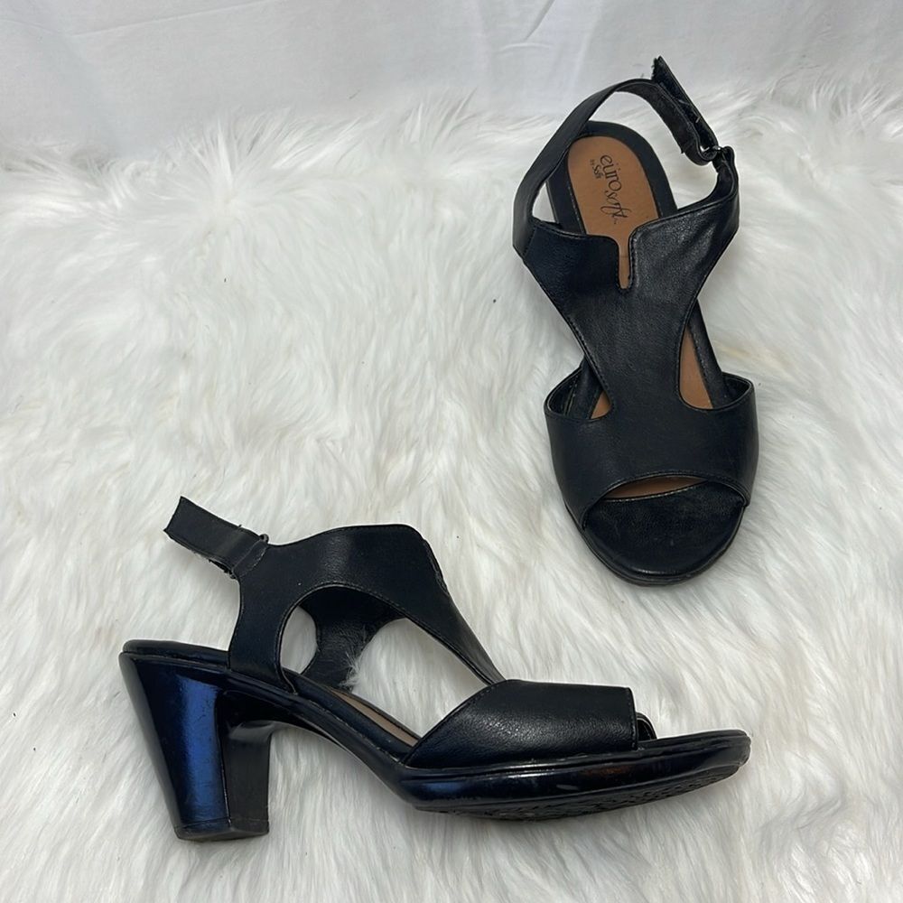Euro Soft By Soft Valente Black Leather Heeled Sandals Sz 10 WIDE WIDTH